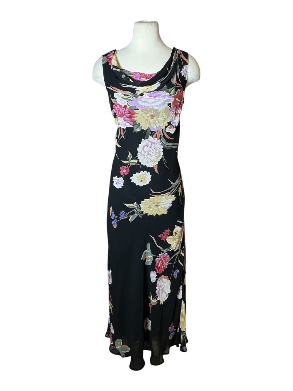 Vintage Y2K Rubi Pesini Sequin Floral Print Cowl Neck Maxi Dress size 16